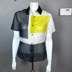 Exte top women's Medium Silk‎ button up color block sheer Italy Designer y2k